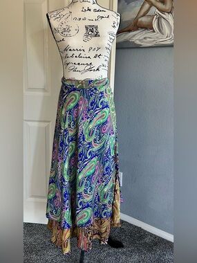 BOHO Paisley A-Line Maxi Skirt in Blue, Green & Pink - NWOT
